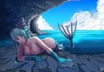 big_breasts blue_eyes blue_hair blush breasts butt female fin hair membrane_(anatomy) nipples nude one_eye_closed open_mouth scales shell solo split_form water webbed_hands wet darkmaya marine merfolk