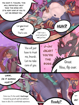 all_fours anthro armor beak big_penis blue_body blush bodily_fluids butt butt_grab clothing crown curtains dialogue duo erection eyelashes fangs feathers femboy fingerless_gloves flustered gem genital_fluids genitals gloves gold_(metal) hand_on_butt handwear hat headgear headwear huge_penis humanoid_genitalia humanoid_penis imminent_sex inside jewelry light lining_up male male/male necklace penile penis pillow precum prodding reclining_on_bed saliva scared scarf sex size_difference small_dom_big_sub speech_bubble teeth text tongue topwear translucent unsure vest wings asderat mythology dinosaur dragon mythological_creature mythological_scalie prehistoric_species reptile saurischian scalie theropod absurd_res comic english_text hi_res