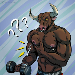 anthro bodily_fluids breast_milking dumbbell exercise jock lactating male male_lactation milk muscular muscular_male nipple_piercing nipples pec_grab pec_squeeze pec_squish pecs piercing solo squish weightlifting weights workout workout_equipment darkthorns bovid bovine cattle mammal 1:1 2021 absurd_res hi_res