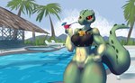 alcohol anthro beverage bottomless breasts clothed clothing exhibitionism fangs female medallion non-mammal_breasts palm_tree plant poolside red_eyes shrub solo tan_body teeth topwear tree tsuraipossum microsoft the_elder_scrolls meer-mah argonian scalie vampire absurd_res hi_res