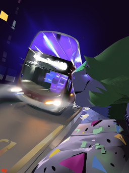 anthro bus clothing commercial_vehicle headlight looking_away male motion_blur pattern_clothing pattern_shirt pattern_topwear shirt smile solo street topwear vehicle aviesergal sergal hi_res