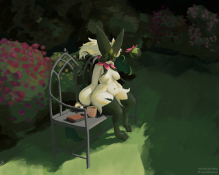 anthro bench book breasts featureless_breasts female flower flower_bushes fur grass green_body green_fur green_hair hair navel paws pink_eyes plant plant_pot shrub sitting solo thick_thighs halfbaked-hope nintendo pokemon felid feline generation_9_pokemon mammal meowscarada pokemon_(species) 2026 absurd_res hi_res signature
