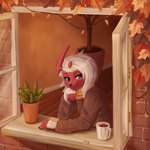 anthro anthrofied autumn beverage casual_clothing clothed clothing female green_eyes plant plant_pot pokemorph potted_plant solo sweater topwear vines window ringstudios nintendo pokemon rose_duskclaw absol generation_3_pokemon pokemon_(species) shiny_pokemon 1:1 absurd_res hi_res