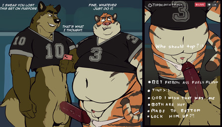 abs annoyed anthro balls belly big_balls big_belly big_but_unendowed big_penis briefs buried_penis chat clothed clothing crop_top dialogue duo erection fluffy fluffy_tail fupa genitals glans humiliation jersey larger_but_small livestream looking_at_another looking_at_partner male male/male micropenis moobs muscular muscular_male navel overweight overweight_male partially_clothed penis penis_humiliation penis_size_difference shirt small_penis small_penis_humiliation smile standing stripes tail teeth text topwear underwear underwear_down weight_difference tcw canid canine canis felid mammal pantherine tiger wolf english_text hi_res