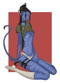 4_fingers arm_markings arm_scar bedroom_eyes black_choker black_hair black_jewelry black_necklace black_tail_tuft black_tuft blue_body blue_markings blue_skin border braided_hair braided_ponytail breasts choker clothed clothed_female clothed_humanoid clothing clothing_in_mouth clothing_lift condom earpiece eye_through_hair female female_humanoid fingers footwear green_clothing green_shirt green_t-shirt green_topwear hair humanoid_pointy_ears jewelry knife knife_sheath leg_markings leg_strap long_hair long_ponytail long_tail looking_at_viewer markings mouth_hold narrowed_eyes navel necklace no_bra not_furry outside_border panties pantsless pantsless_female pantsless_humanoid plantigrade pointy_ears ponytail pose pupils red_background scar seductive self-harm_scars sexual_barrier_device shirt shirt_in_mouth shirt_lift simple_background sitting skinny skinny_female skinny_humanoid slim slim_female slim_humanoid small_breasts small_pupils socks solo striped_body striped_skin stripes t-shirt t-shirt_lift tail tail_tuft three-quarter_view topwear translucent translucent_hair tuft under_boob underwear unused_condom wariza white_border white_clothing white_footwear white_panties white_socks white_underwear wrapped_condom yellow_eyes dirtybigratbot james_cameron's_avatar alien alien_humanoid humanoid na'vi tailed_humanoid full-length_portrait hi_res pinup portrait