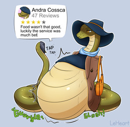 after_vore belly big_belly blue_background clothing duo electronics female feral green_body hat headgear headwear overweight phone simple_background text vore yellow_eyes leheart reptile scalie snake 2022 english_text hi_res