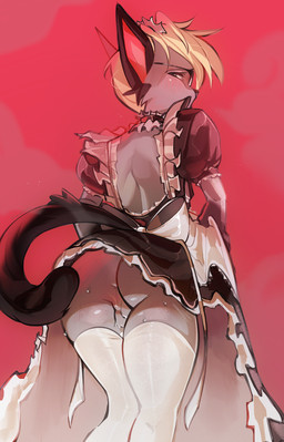absolute_territory anthro anus backsack balls bent_legs blonde_hair blush bodily_fluids butt clothed clothing clothing_lift crossdressing dress dress_lift eyewear femboy fluffy fluffy_balls fluffy_tail genitals glasses hair legwear looking_back maid_uniform male no_underwear presenting presenting_hindquarters red_background simple_background solo spank_marks sweat sweatdrop sweaty_butt tail thigh_highs uniform upskirt white_clothing white_legwear white_thigh_highs kimintaq animal_crossing nintendo raymond_(animal_crossing) domestic_cat felid feline felis mammal 2024 hi_res