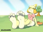 4_toes anthro barefoot bottomwear clothing eyes_closed feet female foot_focus footwear humanoid_feet monotone_bottomwear monotone_clothing monotone_skirt plant plantigrade shoes sitting skirt soles solo toes tree detectivebubble animal_crossing nintendo isabelle_(animal_crossing) canid canine canis domestic_dog mammal shih_tzu toy_dog hi_res