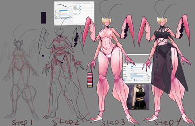 4_arms alternative_fashion antennae_(anatomy) anthro biped claws clothed clothing color_swatch compound_eyes exoskeleton female female_anthro goth mandibles multi_arm multi_limb nude nude_anthro raptorial_(anatomy) solo standing text ssleepyflowers step_by_step animal_humanoid arthropod arthropod_humanoid humanoid insect insect_humanoid mantis 2026 digital_media_(artwork) english_text guide_lines hi_res sketch