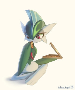 anthro box container eating food male not_furry pizza pizza_box red_eyes simple_background solo text adam_angel nintendo pokemon gallade generation_4_pokemon pokemon_(species) 2019 artist_name digital_media_(artwork) english_text hi_res