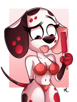 abstract_background anthro bikini biped black_markings black_nose blush breasts cleavage clothed clothed_anthro clothed_female clothing eyelashes female female_anthro floppy_ears food fur geometric_background holding_food holding_object long_ears looking_down looking_down_at_self markings navel pattern_background popsicle rectangle_background red_bikini red_bikini_bottom red_bikini_top red_clothing red_swimwear simple_background solo spots spotted_body spotted_fur suggestive suggestive_food swimwear tail tongue tongue_out two-piece_swimsuit white_body white_fur year pkbr4insh0ck_(artist) 101_dalmatian_street 101_dalmatians disney fan_character canid canine canis dalmatian domestic_dog mammal 2024 absurd_res colored dated hi_res shaded signature
