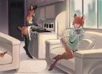 2017 anthro antlers apron apron_only bottomless clothed clothing cooking deer devin_(shadeba) dewclaw_hooves di19826 duo eyal_(eyal) girly gloves_(marking) hair hooves horn inside intimate leg_markings male mammal markings mostly_nude panties red_hair romantic romantic_couple smile socks_(marking) sweater topwear underwear unguligrade