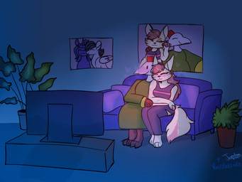 anthro blush brown_body clothed clothing cuddling female furniture male multicolored_body plant plant_pot potted_plant sitting text two_tone_body watching_television white_body mermaid_jupiter rockpankake hasbro my_little_pony nara_(minty_flur) roi_(rockpankake) canid canine fennec_fox fox mammal miteling true_fox 2026 4:3 digital_media_(artwork) english_text hi_res