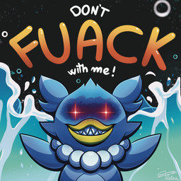 ambiguous_gender beak biped black_background blue_body blue_feathers blue_tuft cheek_tuft elemental_manipulation exclamation_point eye_glint facial_tuft feather_tuft feathers feral flippers front_view glistening_text grin head_tuft humor orange_text pun raised_arms red_eyes sharp_teeth simple_background smile solo teeth text toothed_beak tuft water water_manipulation white_text yellow_beak fleira_(artist) don't_fuck_with_me palworld pocketpair anatid anseriform avian bird fuack pal_(species) 1:1 2024 colored dated digital_drawing_(artwork) digital_media_(artwork) english_text half-length_portrait portrait procreate_(artwork) shaded signature species_name