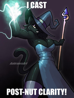 abstract_background anthro big_breasts black_body black_eyeshadow black_fur black_hair blue_clothing blue_dress blue_legwear blue_stockings breasts cleavage clothed clothing curvy_figure dialogue dress eyelashes eyeshadow female fur glistening glistening_body glistening_breasts glistening_fur glistening_legs hair hat headgear headwear legwear long_hair long_tail looking_at_viewer magic magic_user makeup smile solo staff stockings tail talking_to_viewer text thick_thighs witch witch_hat yellow_eyes aabramsart i_cast_(meme) felid feline mammal 2026 absurd_res artist_name digital_drawing_(artwork) digital_media_(artwork) english_text hi_res watermark