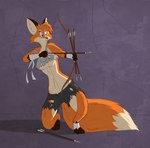 absurd_res anthro archer arrow_(weapon) bandage biped bottomwear bow_(weapon) breasts canid canine clothing crop_top digitigrade female female_anthro fox fur hi_res hindpaw mammal nortfox paws ranged_weapon red_fox shirt shorts solo tail tank_top topwear torn_clothing true_fox under_boob underwear weapon
