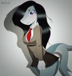 3_fingers anthro black_hair blush bottomwear breasts clothed clothing female fingers furgonomics hair messy_hair necktie non-mammal_breasts skirt solo tail tail_through_skirt howl_echoes fish marine shark absurd_res digital_media_(artwork) hi_res