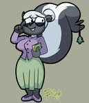 air_freshener anthro breasts clothed clothing dress eyewear female fluffy fluffy_tail glasses nervous nervous_smile solo tail skunkphunk little_trees dominique_o'dour mammal mephitid skunk 2023 absurd_res hi_res signature