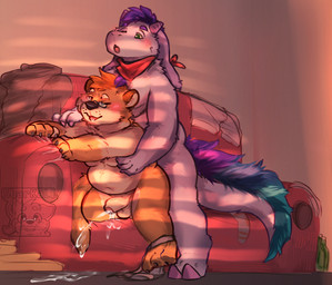 anthro belly bodily_fluids cum cum_inside duo ejaculation furniture genital_fluids genitals male male/male penis sex size_difference slightly_chubby sofa sofa_sex sharkall knavie_(k_navie) bovid caprine goat mammal mustelid otter hi_res