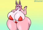 4_fingers al_gx anthro big_breasts blue_eyes breasts clothed clothing ear_piercing female fingers generation_1_pokemon hair hi_res huge_breasts maria_(bunbun_maria) nintendo partially_clothed piercing pink_body pink_hair pokemon pokemon_(species) simple_background solo thick_thighs wigglytuff