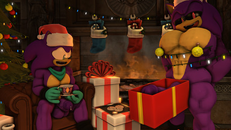 anthro big_muscles big_pecs bodily_fluids chimney christmas_clothing christmas_decorations christmas_headwear christmas_lights christmas_ornament christmas_sock christmas_tree clothing container cookie cup dick_in_a_box duo erection fangs food genital_fluids genitals gift grin hat headgear headwear holidays humanoid_genitalia humanoid_penis kerchief leaking_precum licking licking_lips looking_at_viewer male muscular muscular_male narrowed_eyes nipple_piercing nipples ornament pecs penis piercing plant precum santa_hat smile sonic.exe_(series) surprised tea_cup teeth tongue tongue_out tree angelic_endowment christmas sonic.exe_(creepypasta) jaden_(stonehedgeart) jadex_(stonehedgeart) eulipotyphlan hedgehog mammal 16:9 3d_(artwork) digital_media_(artwork) hi_res widescreen