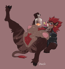 alcohol anthro areola bedroom_eyes beverage big_areola big_breasts big_butt big_nipples big_pubes blush body_hair bottle bottomless braided_hair breasts brown_background brown_body brown_fur butt chest_tuft clothed clothing cloven_hooves container curvy_figure drunk ear_piercing ear_ring eyebrow_piercing facial_piercing female fur furgonomics furry-specific_jewelry genitals glass hair hairy hairy_vulva happy_trail hooves huge_breasts jacket leather leather_clothing leather_jacket leather_topwear looking_at_viewer lying markings narrowed_eyes nipples nose_piercing nose_ring on_back open_clothing open_jacket open_topwear piercing pink_areola pink_nipples pubes purple_eyes raised_leg red_hair ring_piercing seductive simple_background slightly_chubby solo stripes substance_intoxication thick_thighs tongue tongue_out topwear tuft tusk_ring tusks voluptuous vulva yogoat quill_(lotusaur) mammal suid suine sus_(pig) wild_boar hi_res