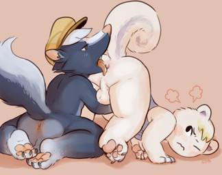 3_toes all_fours anal anthro anthro_on_anthro anus backsack balls blonde_hair blush bottomless butt claws clothed clothing duo feet flat_cap fur genitals hair hat headgear headwear inner_ear_fluff kneeling licking looking_back male male/male mostly_nude multicolored_body multicolored_fur multicolored_tail one_eye_closed open_mouth oral pawpads paws perineum pink_nose raised_tail rimming sex shirt simple_background tail tan_body tan_fur toe_claws toes tongue tongue_out topwear tuft white_hair glitter_trap_boy animal_crossing nintendo kicks_(animal_crossing) marshal_(animal_crossing) grey_squirrel mammal mephitid rodent sciurid skunk striped_skunk tree_squirrel 2016 digital_media_(artwork) hi_res