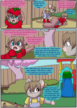 ambiguous_gender anthro biped clothing crawling detailed_background dialogue diaper female fence front_view fur hair hat headgear headwear plant playground rear_view sandbox shirt side_view speech_bubble text topwear tree young young_anthro young_female babystar gemma_polson mammal mouse murid murine rodent sciurid tree_squirrel 2021 comic digital_media_(artwork) english_text hi_res
