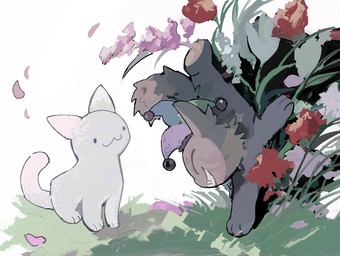 :3 ambiguous_anthro ambiguous_feral ambiguous_gender anthro brown_body brown_ears brown_fur brown_tail clothing dot_eyes duo eyes_closed feral flower fluffy fluffy_tail fool's_hat fur grass grin handstand hat hat_only headgear headgear_only headwear headwear_only looking_at_another monotone_body monotone_fur monotone_tail mostly_nude on_one_hand plant side_view simple_eyes sitting smile tail white_body white_ears white_fur white_tail soumenhiyamugi mewgenics arthur_(mewgenics) stacy_(mewgenics) domestic_cat felid feline felis mammal 2026 colored digital_media_(artwork) digital_painting_(artwork) full-length_portrait painting_(artwork) portrait shaded