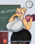 anthro big_breasts blonde_hair book bottomwear breasts clock clothed clothing eyewear female furgonomics glasses hair heart_symbol holding_object huge_breasts skirt solo tail tail_through_skirt teacher text wide_hips jwinkz amara_(jwinkz) bear mammal english_text url