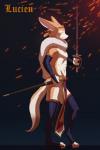 anthro balls bottomwear circlet cloak clothing feathers fencing fur genitals half_naked legwear loincloth male medieval melee_weapon simple_background solo sparkles stockings sword trinkets weapon kzlion lucien_(character) canid canine fennec_fox fox mammal true_fox 2019 2:3 absurd_res hi_res