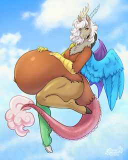 anthro belly big_belly blue_body blue_feathers brown_body brown_fur cloud crossgender feathers female floating fur green_body hair hand_on_belly hand_on_own_belly hooved_toes hooves horn huge_belly humanoid_hands hyper hyper_belly hyper_pregnancy looking_at_viewer mtf_crossgender navel outie_navel pink_inner_ear pregnant pregnant_anthro pregnant_female purple_body red_body red_eyes sky solo tail white_hair wings yellow_sclera tiggybloom friendship_is_magic hasbro my_little_pony discord_(mlp) chimera draconequus 2026 4:5 hi_res