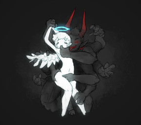 ambiguous_gender big_penis black_background black_body black_hair black_skin bodily_fluids butt butt_grab crying dominant dominant_male duo ear_piercing ear_ring feathered_wings feathers finger_in_mouth genitals glans grabbing_wings hair halo hand_grab hand_on_butt horn male male/ambiguous multi_arm multi_limb muscular muscular_male nude penis piercing pointy_ears red_eyes red_horn red_teeth ring_piercing sharp_teeth simple_background spiked_penis spikes spikes_(anatomy) submissive submissive_ambiguous tears teeth tongue tongue_out touching_crotch touching_leg white_body white_hair white_skin white_wings wings lonely_cri angel angel_humanoid demon demon_humanoid humanoid