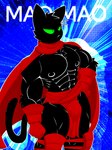 abs black_body black_fur blue_background bottomwear cape clothing detailed_background fur gloves green_eyes handwear knee_pads loincloth male muscular nipples pecs red_bottomwear red_cape red_clothing red_gloves red_handwear red_loincloth simple_background solo tail text not_bgz31 cartoon_network mao_mao:_heroes_of_pure_heart domestic_cat felid feline felis mammal hi_res