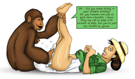 anthro breasts dialogue diaper diaper_change duo female feral flies_for_smell legs_up lying nipples on_back open_diaper simple_background soiled_diaper talking_feral text toony unclean_diaper used_diaper wiping wiping_another wiping_butt vivebinkie haplorhine human mammal monkey primate english_text