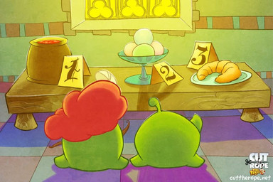 1_antenna antennae_(anatomy) bread clothing croissant dessert facial_hair food furniture gesture green_body green_skin hand_gesture hat headgear headwear ice_cream inside male male/male marmalade_(food) mustache not_furry orange_clothing orange_hat orange_headwear pastry plate pointing rear_view second-party_source shadow table text unknown_artist cut_the_rope om_nom alien monster nommie 3:2 copyright_name official_art ancestor_and_descendant_(lore)