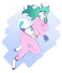 ageplay anthro blue_background blue_body blue_fur bottomwear clothed clothing curled_tail diaper diaper_under_clothing eyes_closed female fur green_body green_fur green_hair hair lying on_side pajamas pants pink_bottomwear pink_clothing pink_pants pink_shirt pink_topwear purple_body purple_fur roleplay shirt simple_background sleeping solo sucking tail thumb_suck topwear wearing_diaper white_background white_body white_fur slusheep nyxena canid canine canis domestic_dog husky mammal nordic_sled_dog spitz hi_res