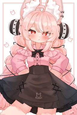5_fingers ahoge anthro black_clothing blush braided_pigtails claws clothed clothed_anthro clothed_female clothing dress ear_piercing ear_ring female fingers fully_clothed fully_clothed_anthro fully_clothed_female fur hair inner_ear_fluff piercing pink_body pink_clothing pink_fur pink_hair red_eyes ring_piercing solo tuft myappi_artenya mihoyo zenless_zone_zero zhao_(zenless_zone_zero) lagomorph leporid mammal rabbit thiren 2026 absurd_res half-length_portrait hi_res portrait