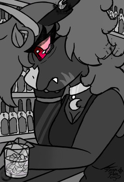 1_horn alcohol animal_ears anthro bar beverage black_horn bottle breasts container cup drinking_glass drunk female glass glass_container glass_cup hair horn ice long_hair red_eyes solo substance_intoxication ravyn_pain demon absurd_res hi_res monochrome restricted_palette spot_color