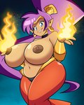 areola blue_eyes breasts clothed clothing ear_piercing ear_ring female fire hair humanoid_pointy_ears long_hair looking_at_viewer navel nipples not_furry piercing pointy_ears ponytail purple_hair ring_piercing simple_background smile solo topless grimphantom shantae_(series) wayforward shantae genie humanoid 2020 absurd_res hi_res