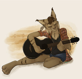 acoustic_guitar anthro clothing female flannel_shirt guitar musical_instrument musical_note musical_symbol plucked_string_instrument solo string_instrument symbol nicnak044 felid feline lynx mammal digital_media_(artwork) hi_res shaded