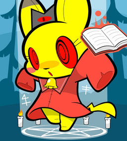 bell bell_collar book candle chibi clothing collar crown female forest forest_background headgear magic nature nature_background plant red_eyes robe robe_only solo tree young okojogairu cult_of_the_lamb massive_monster_(studio) nintendo pokemon red_crown_(cult_of_the_lamb) generation_1_pokemon pikachu pokemon_(species)