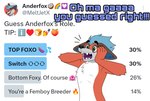 blue_hair fur green_eyes hair humor male orange_body orange_fur pooling surprised_expression surprised_face surprised_look teeth text white_body white_fur rous_fox_(artist) twitter anderfox canid canine fox mammal english_text hi_res