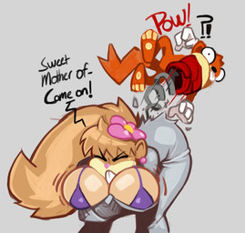 anthro bent_over big_breasts bikini breasts butt butt_from_the_front clothing dialogue duo female male punch swimwear tail text tight_clothing two-piece_swimsuit boxx_wrench conker's_bad_fur_day nickelodeon rareware spongebob_squarepants conker sandy_cheeks mammal rodent sciurid tree_squirrel english_text hi_res