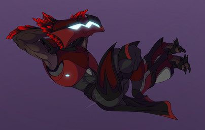 ambiguous_gender anthro arm_feathers armor crossed_legs digitigrade faceless_character feather_hair feathered_crest feathers glowing_visor grey_body hands_behind_back head_crest headgear helmet legs_up pseudo_hair reclining red_body red_feathers solo ab_rin halo_(series) microsoft xbox_game_studios alien avian kig-yar scalie t'vaoan colored hi_res