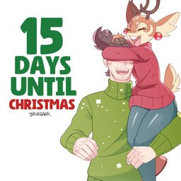 anthro bottomwear brown_body brown_fur clothing duo eyelashes eyes_closed female fur inner_ear_fluff male open_mouth open_smile pants smile sweater tan_body tan_fur text topwear tuft drawligator renata_(drawligator) deer human mammal new_world_deer reindeer 1:1 2025 english_text hi_res
