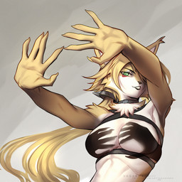 anthro arm_tuft big_breasts blonde_hair breasts choker eyebrows eyelashes female fur green_eyes hair jewelry neck_tuft necklace ponytail shoulder_tuft solo tuft white_body white_fur yellow_body yellow_fur vagabondbastard mihoyo shadow_hands_challenge zenless_zone_zero pulchra_fellini felid feline felis mammal sand_cat thiren 1:1 2026 hi_res meme