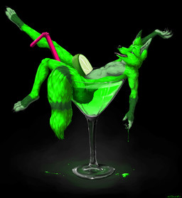 5_fingers alcohol anthro bendy_straw beverage black_background black_nose cocktail_garnish cocktail_glass container cup drinking_glass drinking_straw eyebrows fingers fluffy fluffy_tail food fruit fur glass glass_container glass_cup green_body green_fur lime looking_aside looking_at_viewer male multicolored_body multicolored_fur partially_submerged plant raised_leg side_view simple_background solo tail tongue tongue_out wine_glass truegrave9 canid canine citra fox mammal 2009