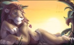 anthro beads biped body_hair bracelet brown_eyes flower fur happy_trail jewelry limp_wrist lying male on_front plant pose romantic romantic_ambiance smile solo sunset teeth zenthetiger felid lion mammal pantherine 16:10 2010 widescreen