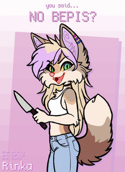 anthro bisexual_pride_colors choker female fur gradient_background hair holding_knife holding_object jewelry knife lgbt_pride long_hair looking_at_viewer multicolored_body multicolored_fur multicolored_hair necklace open_mouth pride_colors simple_background smile solo text anonymous_artist rinka_eya canid canine fox mammal 2025 dated english_text hi_res russian_description